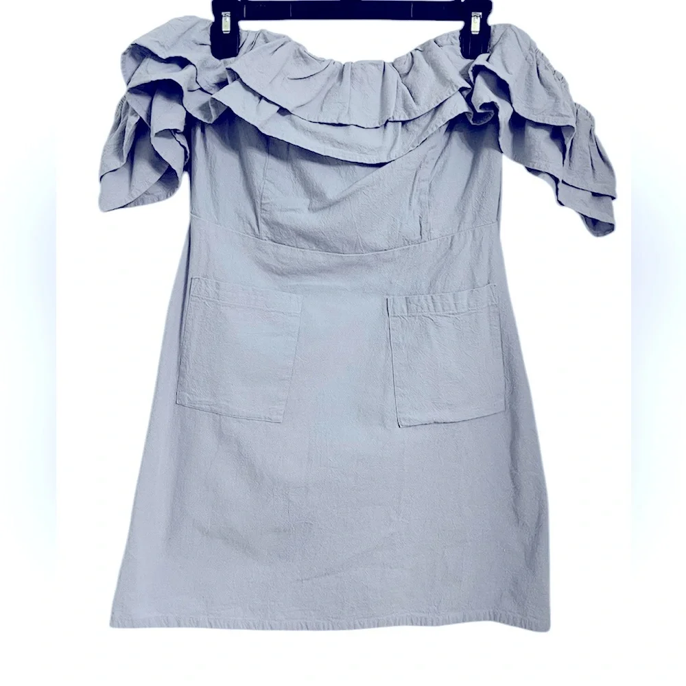 ASOS off-the-shoulder, ruffled mini dress in a grayish-blue color. Sz. 6 - Picture 2 of 8
